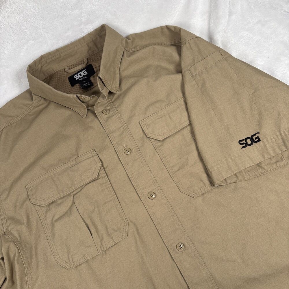 SOG Tactical Shirt Men's XL Tan Khaki Ripstop Short Sleeve Button Up